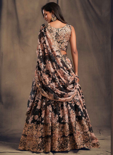Floral Print Khadi Organza Black Lehenga For Party